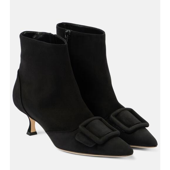 Manolo Blahnik Baylow Black Suede Ankle Boots Maysale Buckle Heel 38.5 - Picture 1 of 16